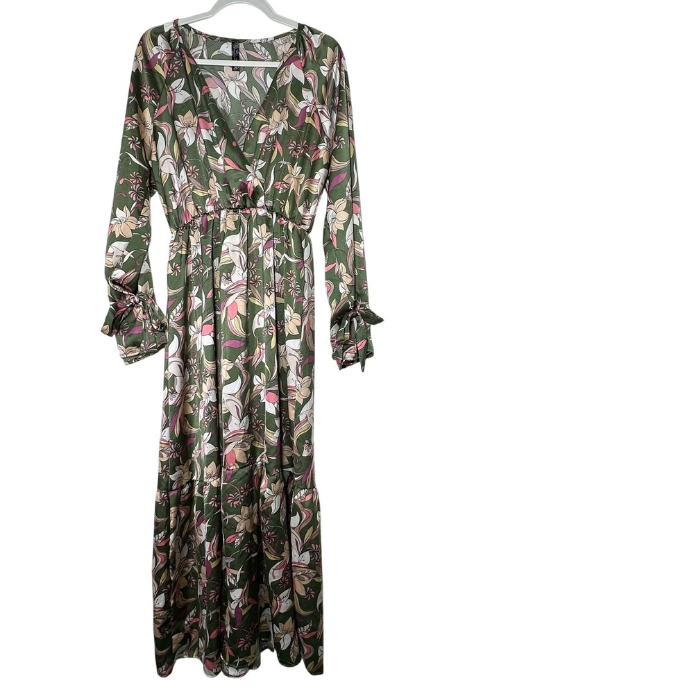Luna‎ Chix Floral Maxi Dress Green Pink Long Sleeve V-Neck Boho Tiered Large
